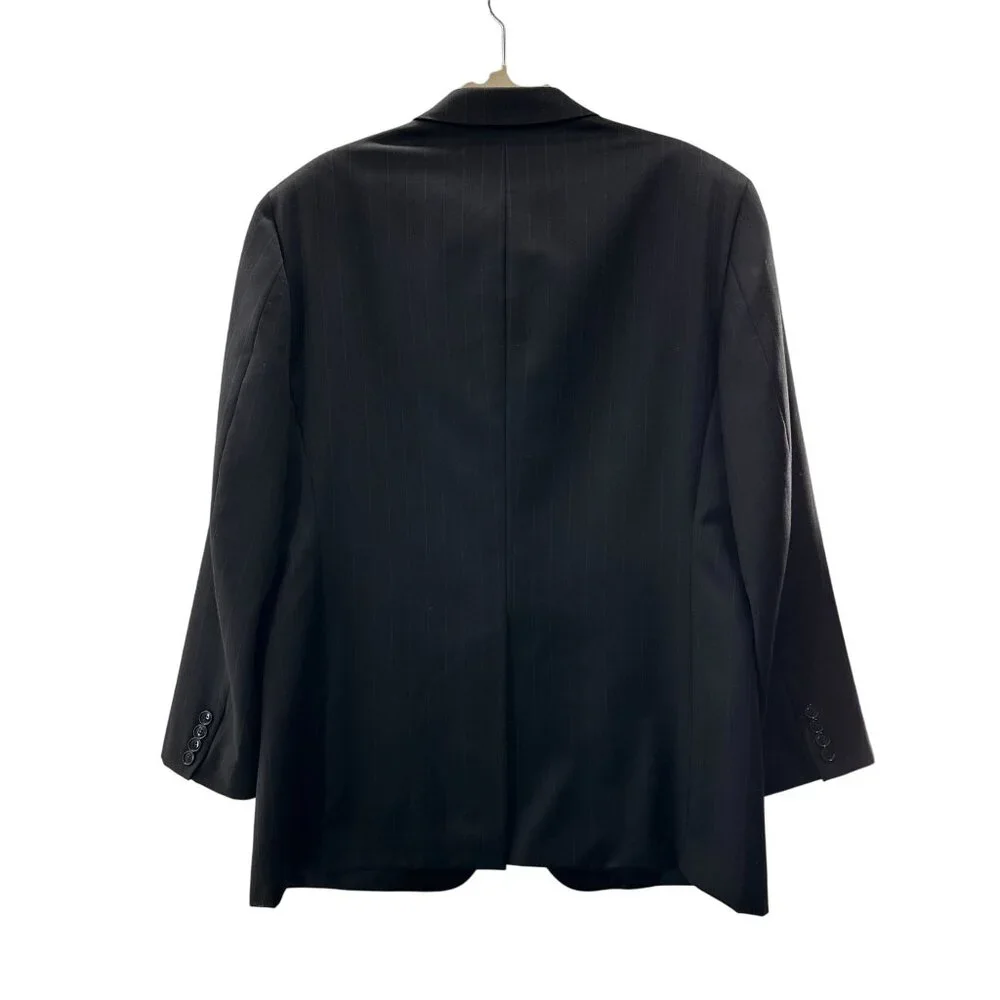 Tailors Row Mens‎ Pinstripe Black Wool Suit Jacket Blazer 46R Single Breasted